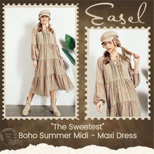 EASEL "The Sweetest" Floral Print Chiffon Midi Dress Velvet Trim Oversized Lined